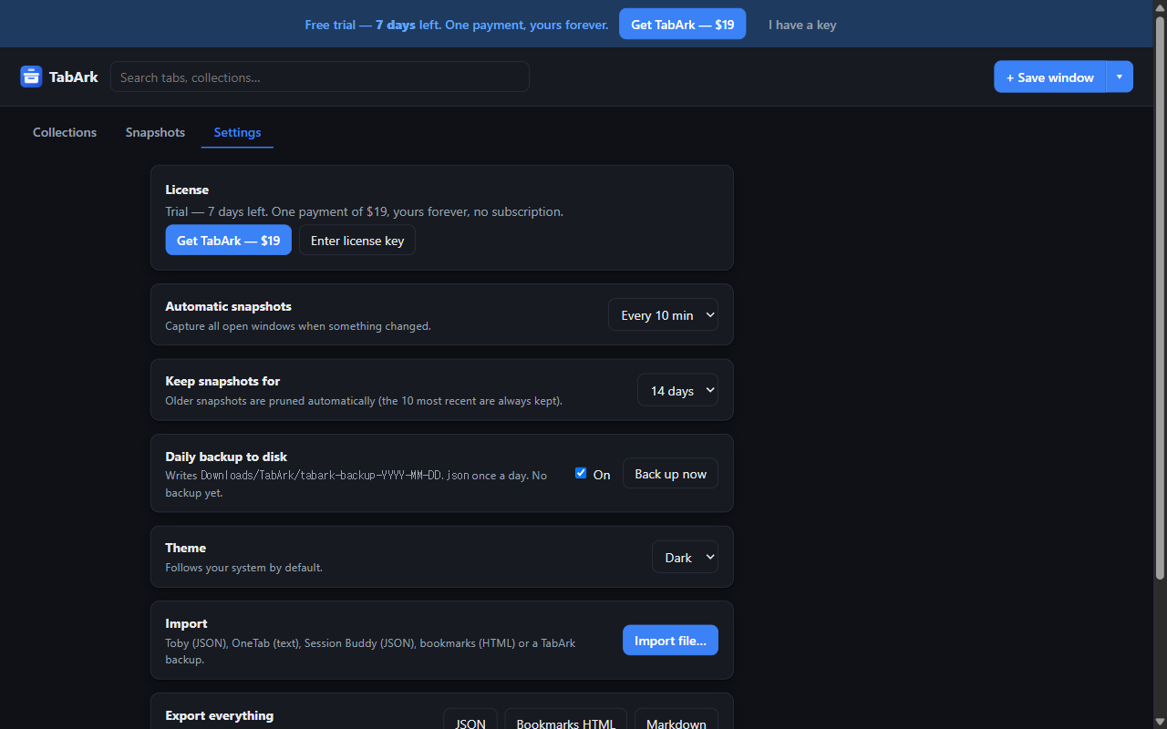 Settings and backup